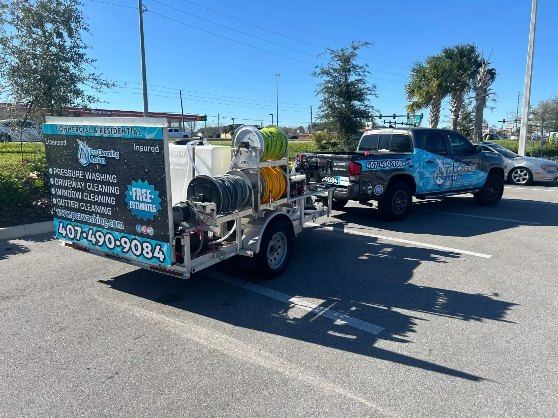 Pro Cleaning Action truck and trailer with exterior cleaning equipment